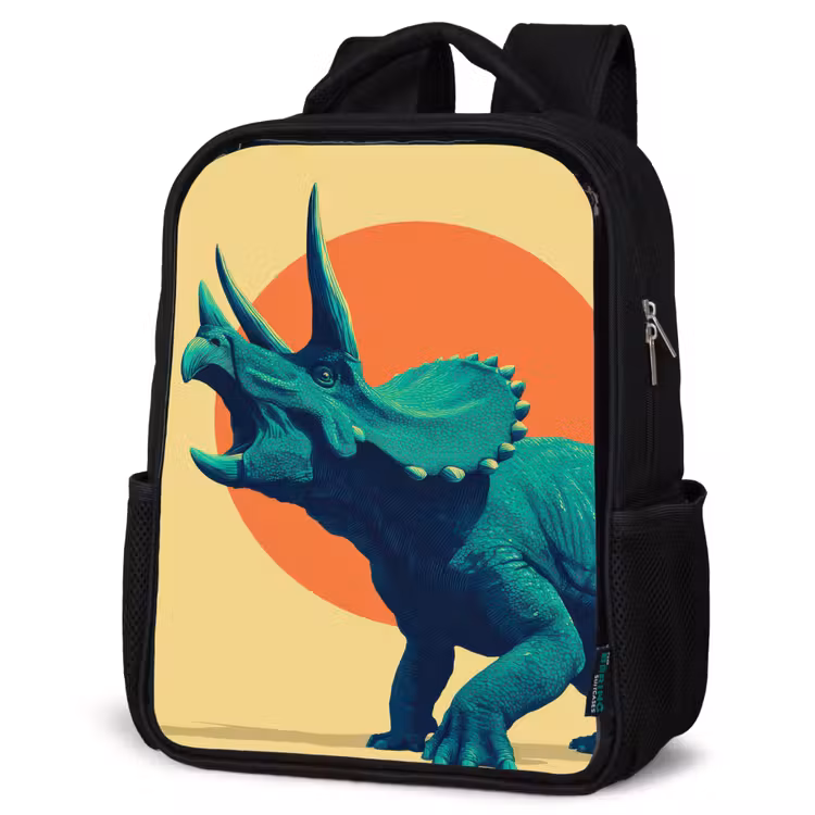 Kinderrucksack - Schwarz - Triceratops - Kreis - Orange - Hörner — 4