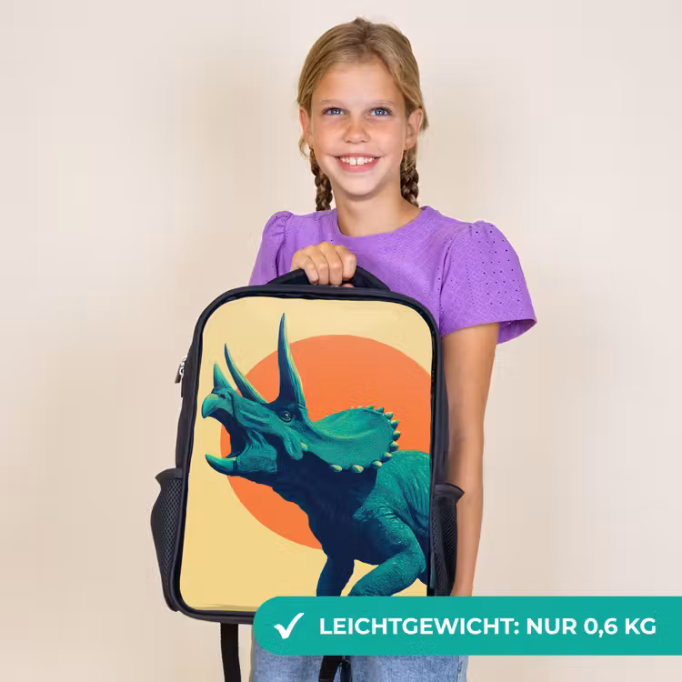 Kinderrucksack - Schwarz - Triceratops - Kreis - Orange - Hörner — 7