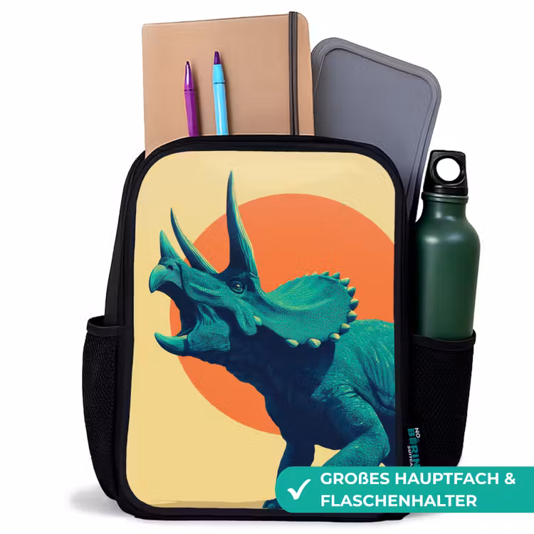Kinderrucksack - Schwarz - Triceratops - Kreis - Orange - Hörner — 8