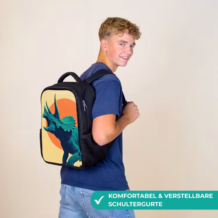 Kinderrucksack - Schwarz - Triceratops - Kreis - Orange - Hörner — 9