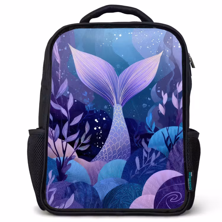 Kinderrucksack - Schwarz - Meerjungfrauenschwanz - Unterwasserpflanzen - Lila - Blau — 1