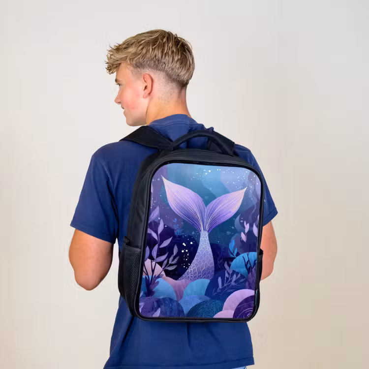 Kinderrucksack - Schwarz - Meerjungfrauenschwanz - Unterwasserpflanzen - Lila - Blau — 3