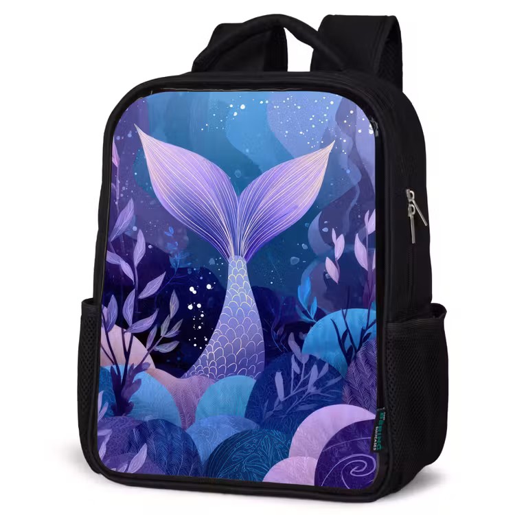 Kinderrucksack - Schwarz - Meerjungfrauenschwanz - Unterwasserpflanzen - Lila - Blau — 4
