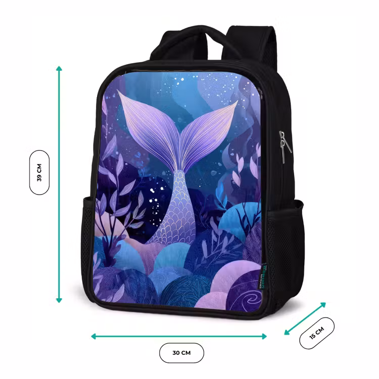 Kinderrucksack - Schwarz - Meerjungfrauenschwanz - Unterwasserpflanzen - Lila - Blau — 6