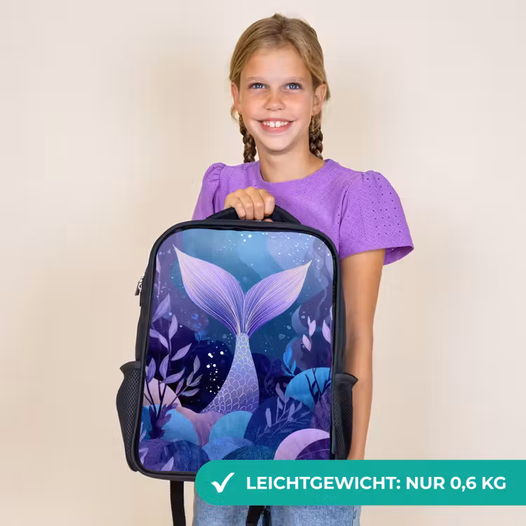 Kinderrucksack - Schwarz - Meerjungfrauenschwanz - Unterwasserpflanzen - Lila - Blau — 7