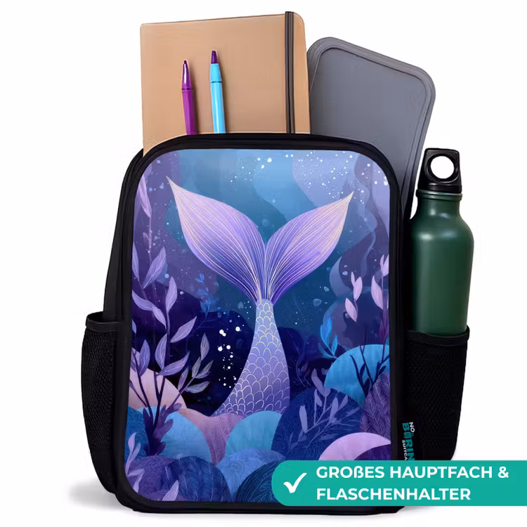 Kinderrucksack - Schwarz - Meerjungfrauenschwanz - Unterwasserpflanzen - Lila - Blau — 8