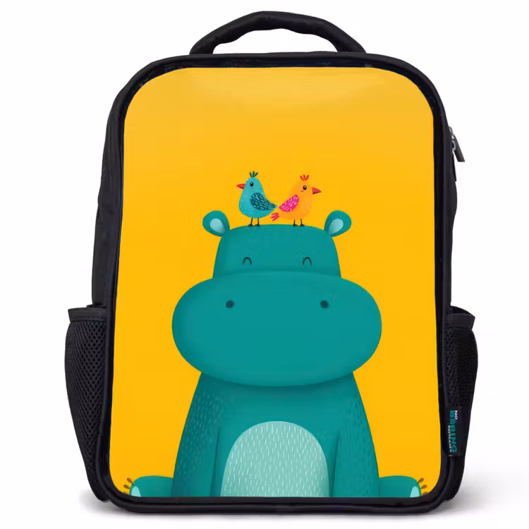 Kinderrucksack - Schwarz - Nilpferd - Vögel - Grün - Gelb — 1