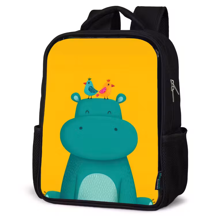 Kinderrucksack - Schwarz - Nilpferd - Vögel - Grün - Gelb — 4