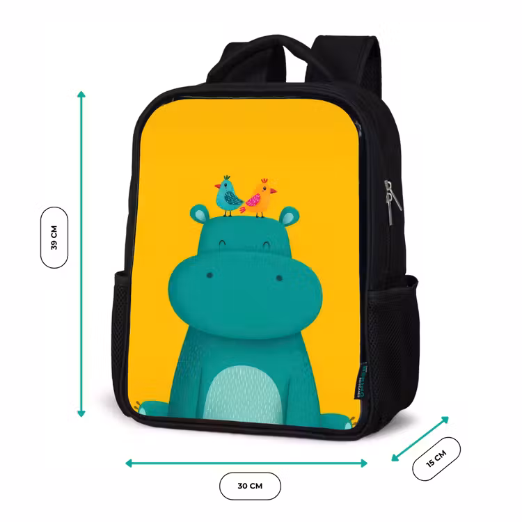 Kinderrucksack - Schwarz - Nilpferd - Vögel - Grün - Gelb — 6