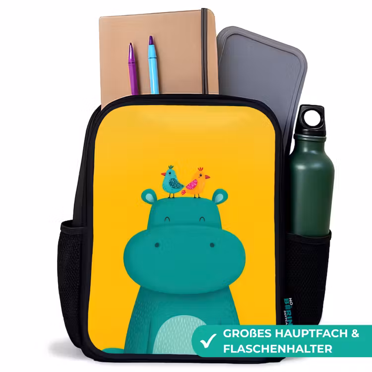 Kinderrucksack - Schwarz - Nilpferd - Vögel - Grün - Gelb — 8