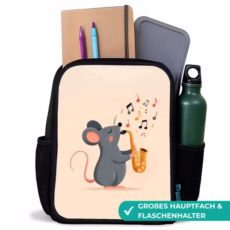 Kinderrucksack - Schwarz - Maus - Saxophon - Musikalische Noten — 8