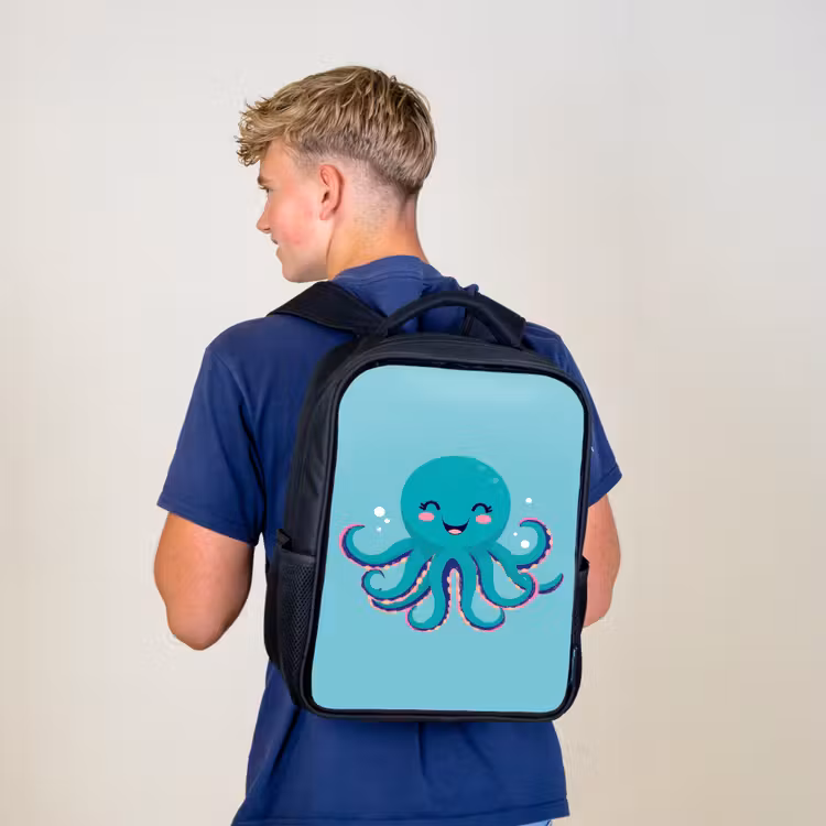 Kinderrucksack - Schwarz - Oktopus - Blau - Gesicht — 3