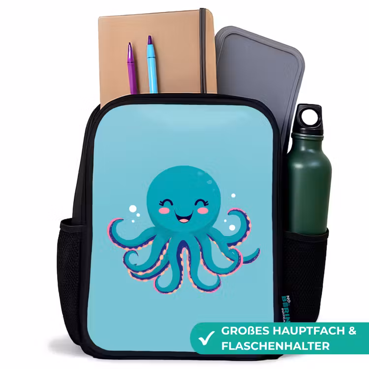 Kinderrucksack - Schwarz - Oktopus - Blau - Gesicht — 8