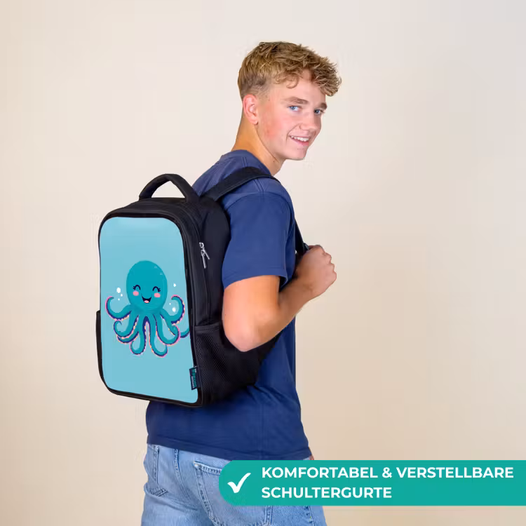 Kinderrucksack - Schwarz - Oktopus - Blau - Gesicht — 9