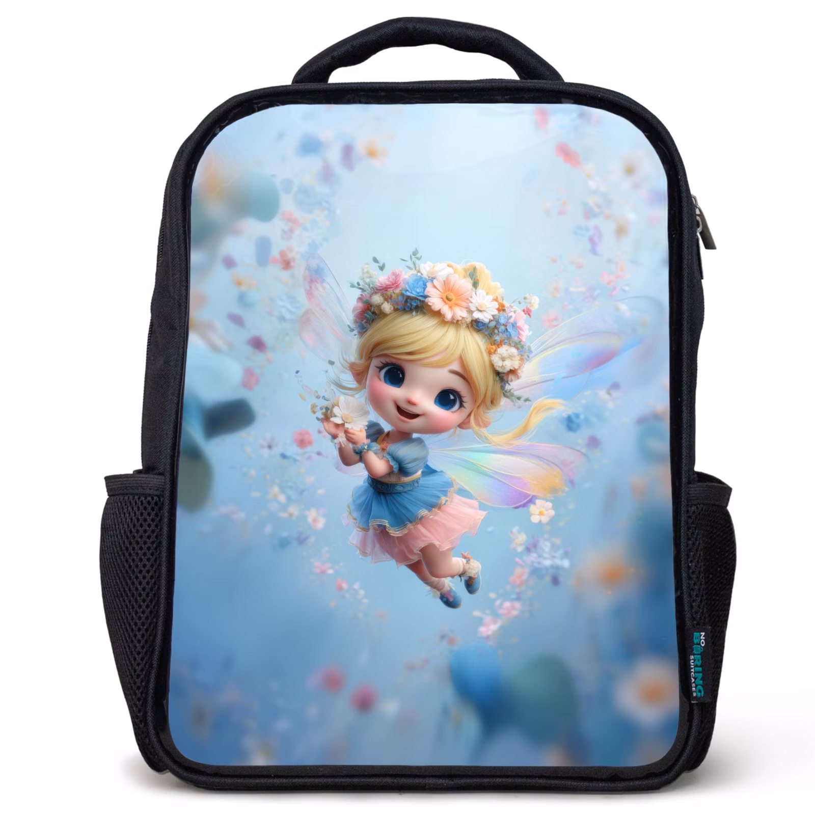 Kinderrucksack - Schwarz - Strahlende Blumenfee schwebt in einem blauen Blumenhimmel — 1