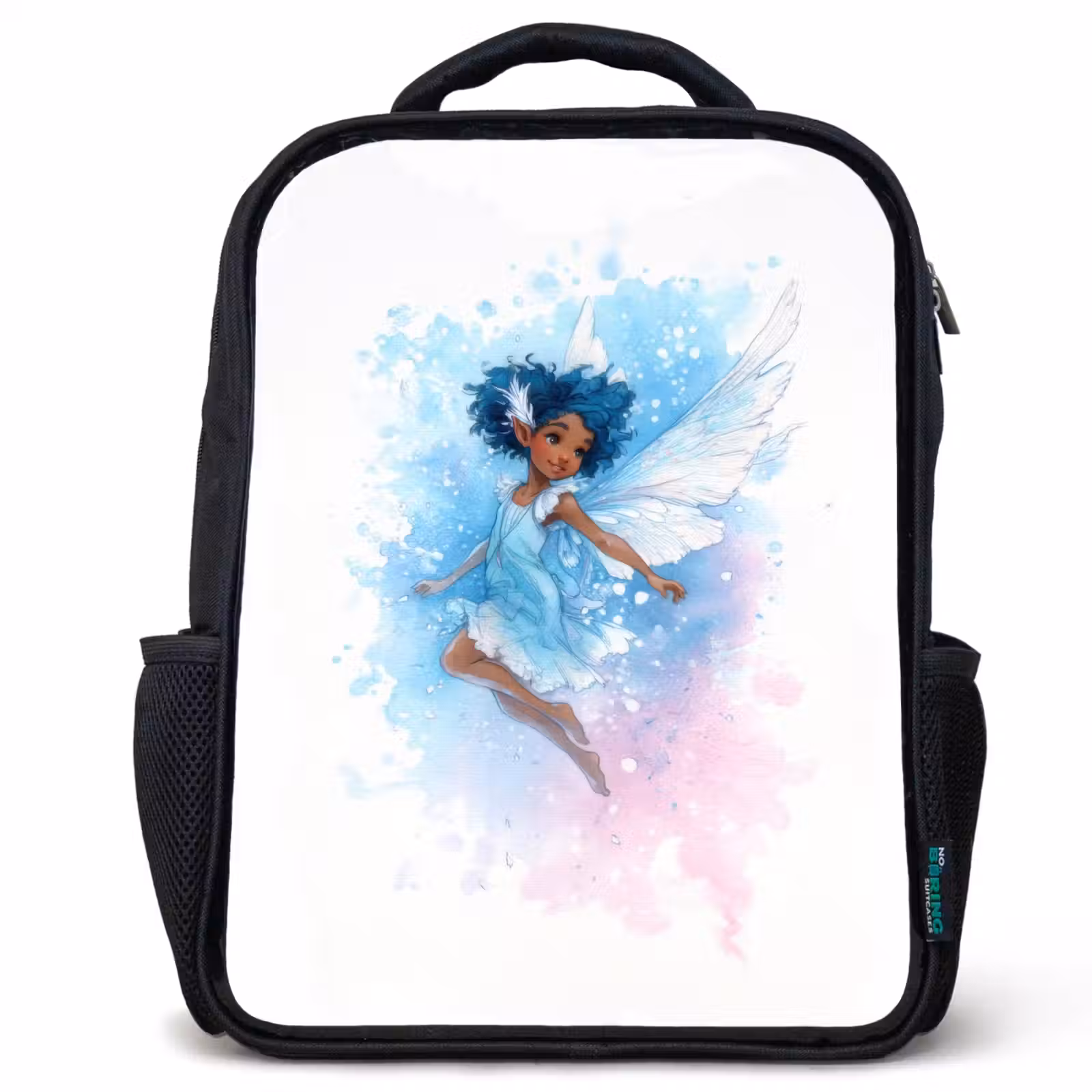 Kinderrucksack - Schwarz - Tanzende Elfe mit blauen Flügeln und Aquarelleffekt — 1