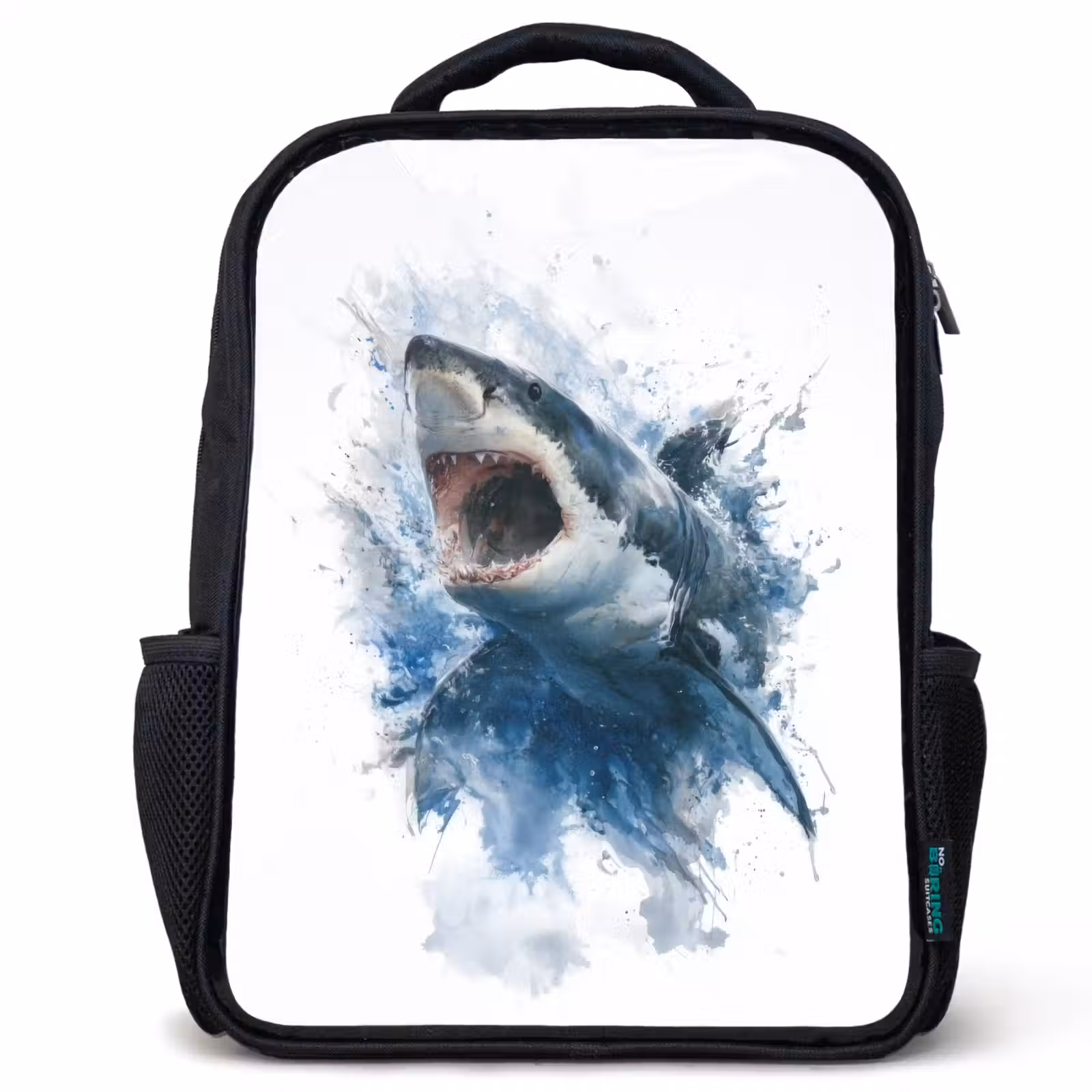 Kinderrucksack - Schwarz - Vorstehender Hai mit offenem Maul im Aquarellstil — 1