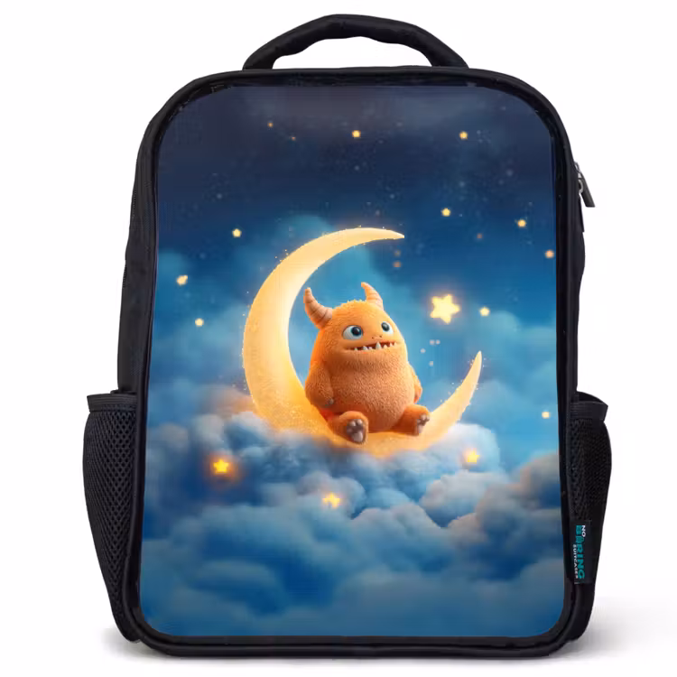 Kinderrucksack - Schwarz - Oranges Kuschelmonster auf einem glitzernden Mond — 1