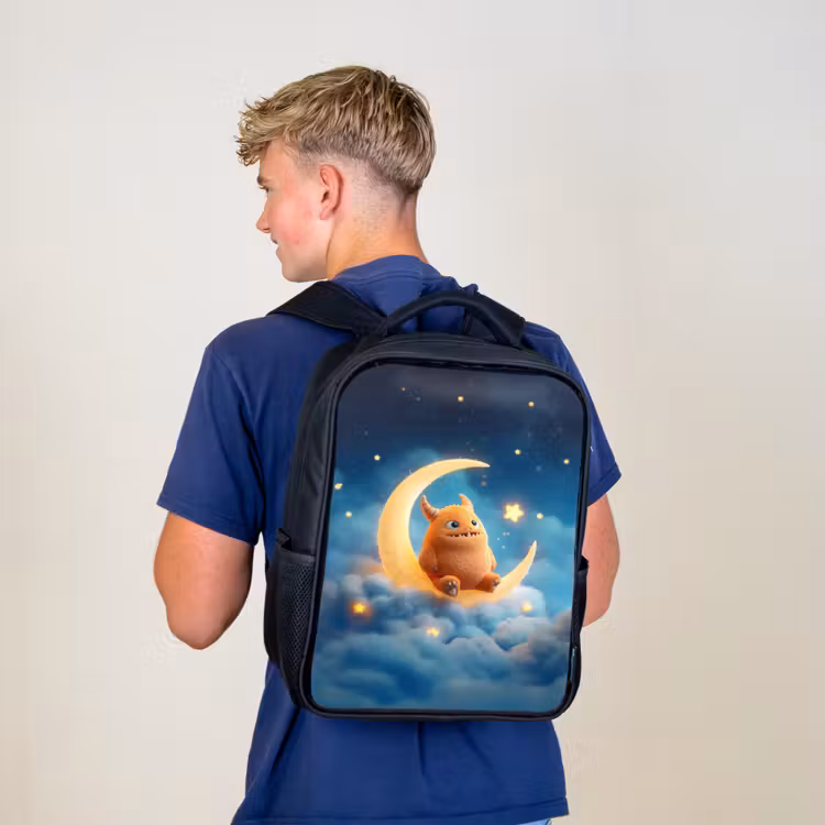 Kinderrucksack - Schwarz - Oranges Kuschelmonster auf einem glitzernden Mond — 3