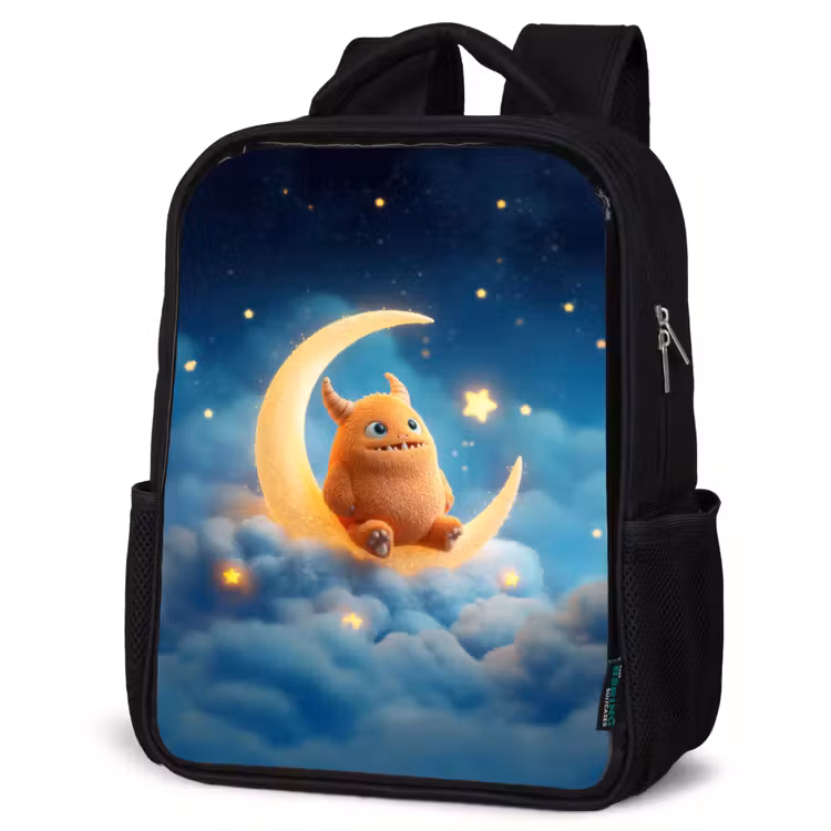 Kinderrucksack - Schwarz - Oranges Kuschelmonster auf einem glitzernden Mond — 4