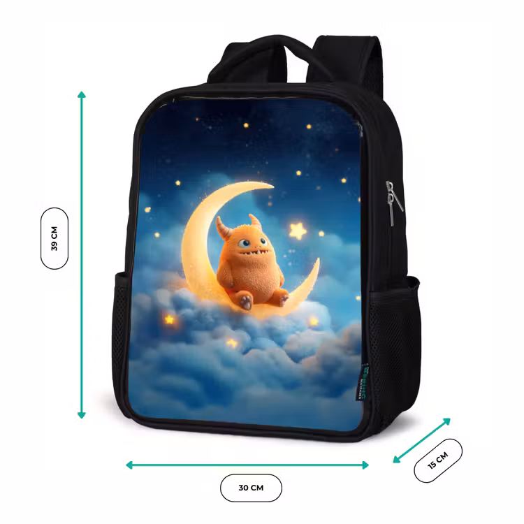 Kinderrucksack - Schwarz - Oranges Kuschelmonster auf einem glitzernden Mond — 6