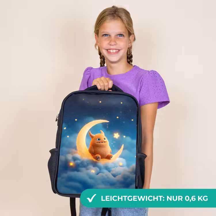 Kinderrucksack - Schwarz - Oranges Kuschelmonster auf einem glitzernden Mond — 7