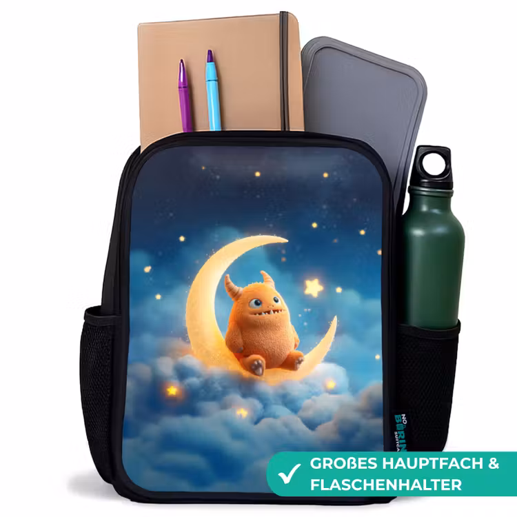 Kinderrucksack - Schwarz - Oranges Kuschelmonster auf einem glitzernden Mond — 8
