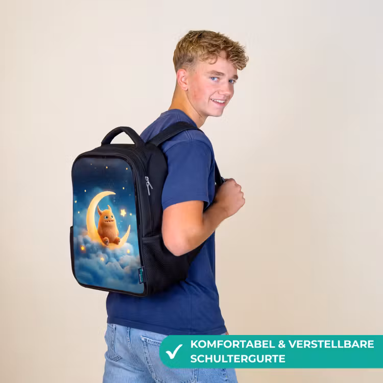 Kinderrucksack - Schwarz - Oranges Kuschelmonster auf einem glitzernden Mond — 9