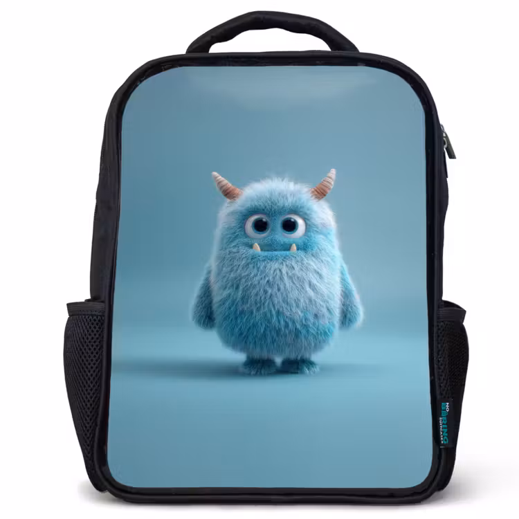 Kinderrucksack - Schwarz - Plüschmonster mit Hörnern und großen Augen — 1