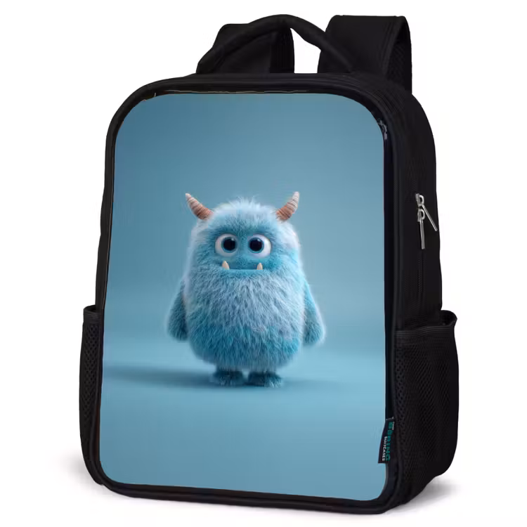 Kinderrucksack - Schwarz - Plüschmonster mit Hörnern und großen Augen — 4