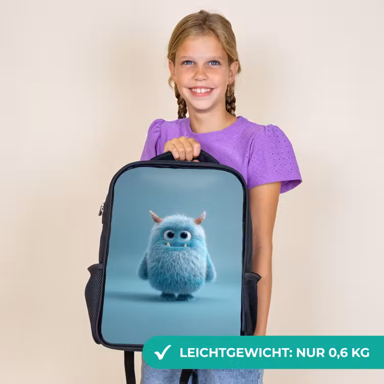Kinderrucksack - Schwarz - Plüschmonster mit Hörnern und großen Augen — 7