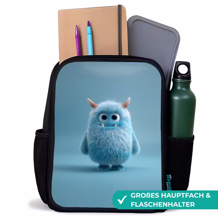 Kinderrucksack - Schwarz - Plüschmonster mit Hörnern und großen Augen — 8