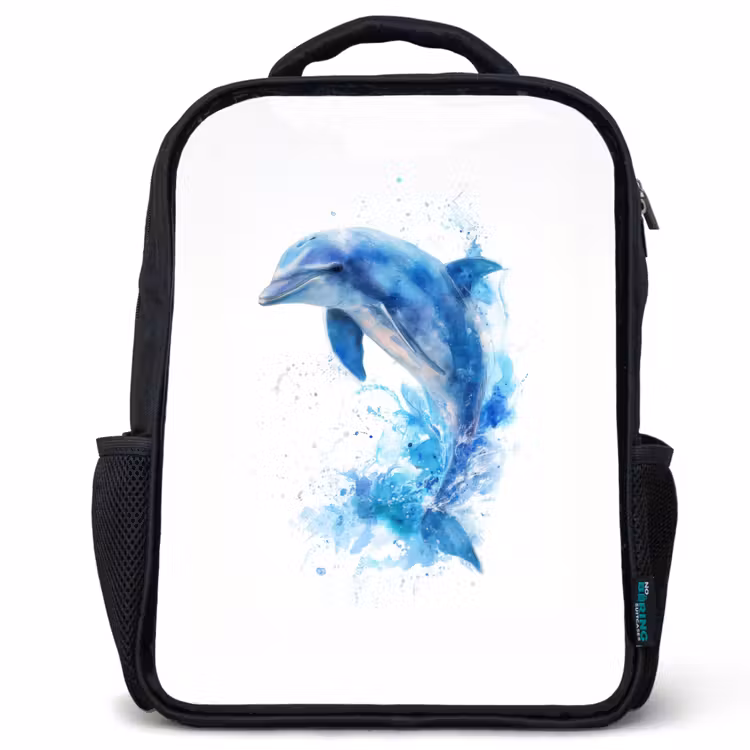 Kinderrucksack - Schwarz - Springender Delphin in Aquarellspritzern — 1