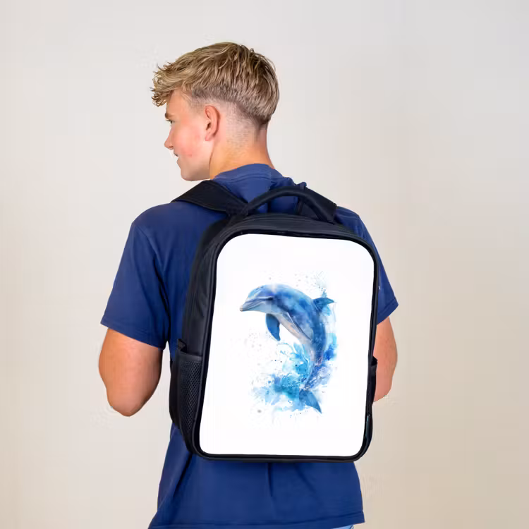 Kinderrucksack - Schwarz - Springender Delphin in Aquarellspritzern — 3
