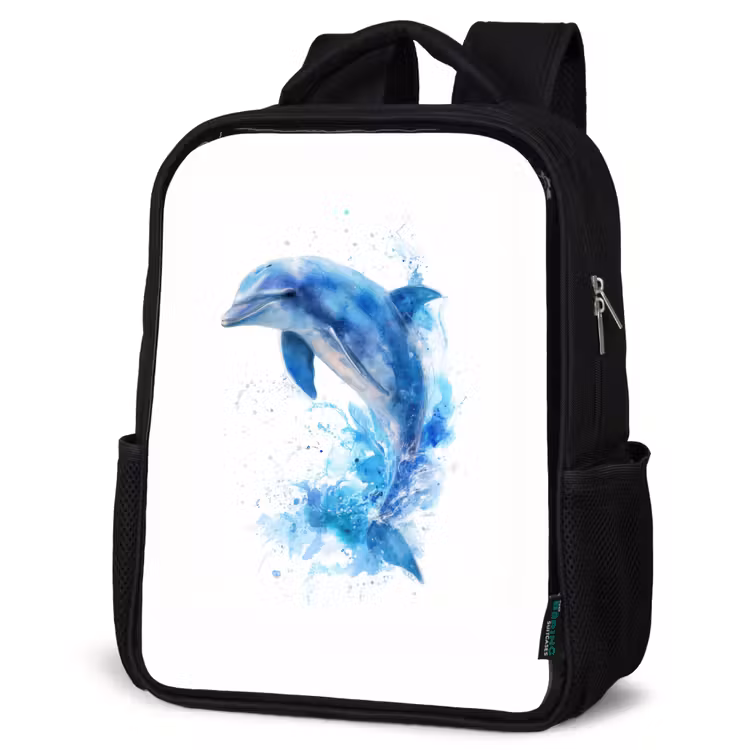 Kinderrucksack - Schwarz - Springender Delphin in Aquarellspritzern — 4