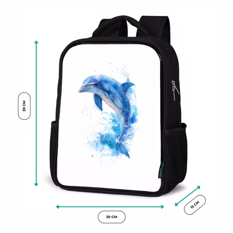 Kinderrucksack - Schwarz - Springender Delphin in Aquarellspritzern — 6
