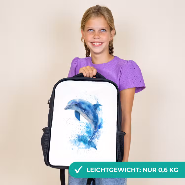 Kinderrucksack - Schwarz - Springender Delphin in Aquarellspritzern — 7