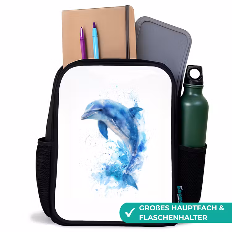 Kinderrucksack - Schwarz - Springender Delphin in Aquarellspritzern — 8