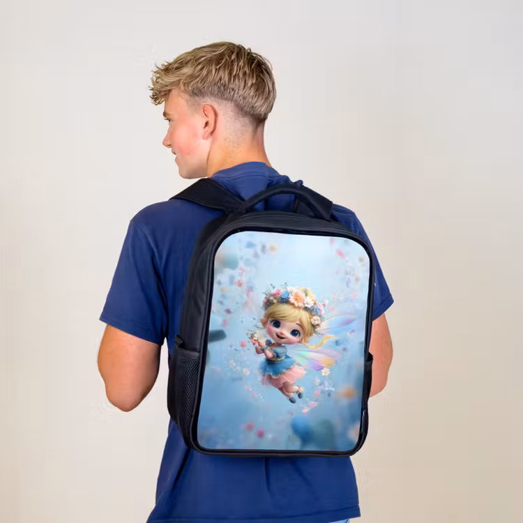 Kinderrucksack - Schwarz - Strahlende Blumenfee schwebt in einem blauen Blumenhimmel — 3
