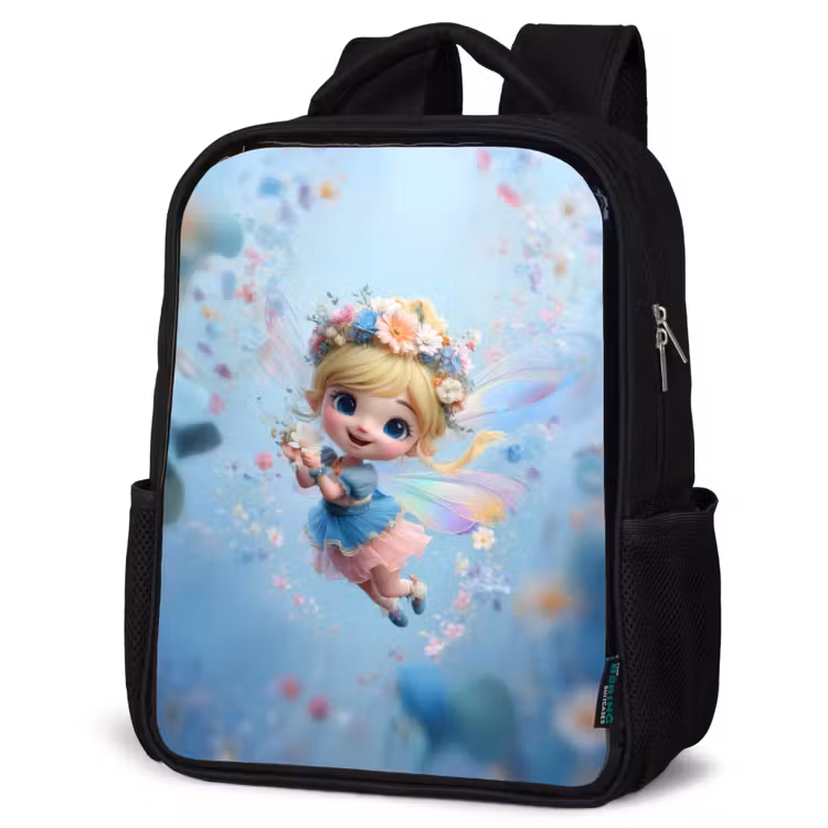 Kinderrucksack - Schwarz - Strahlende Blumenfee schwebt in einem blauen Blumenhimmel — 4