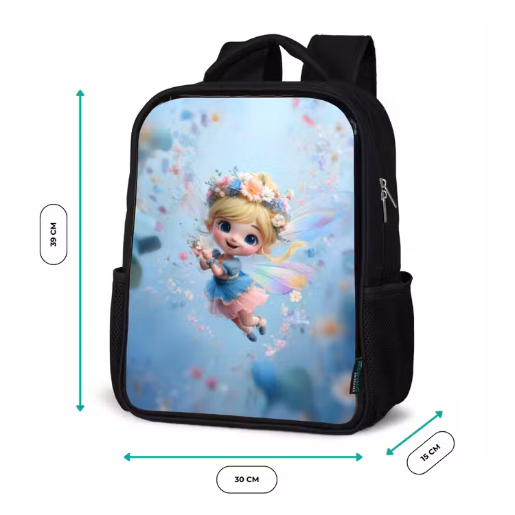 Kinderrucksack - Schwarz - Strahlende Blumenfee schwebt in einem blauen Blumenhimmel — 6