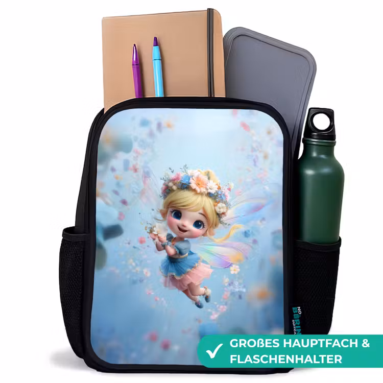 Kinderrucksack - Schwarz - Strahlende Blumenfee schwebt in einem blauen Blumenhimmel — 8
