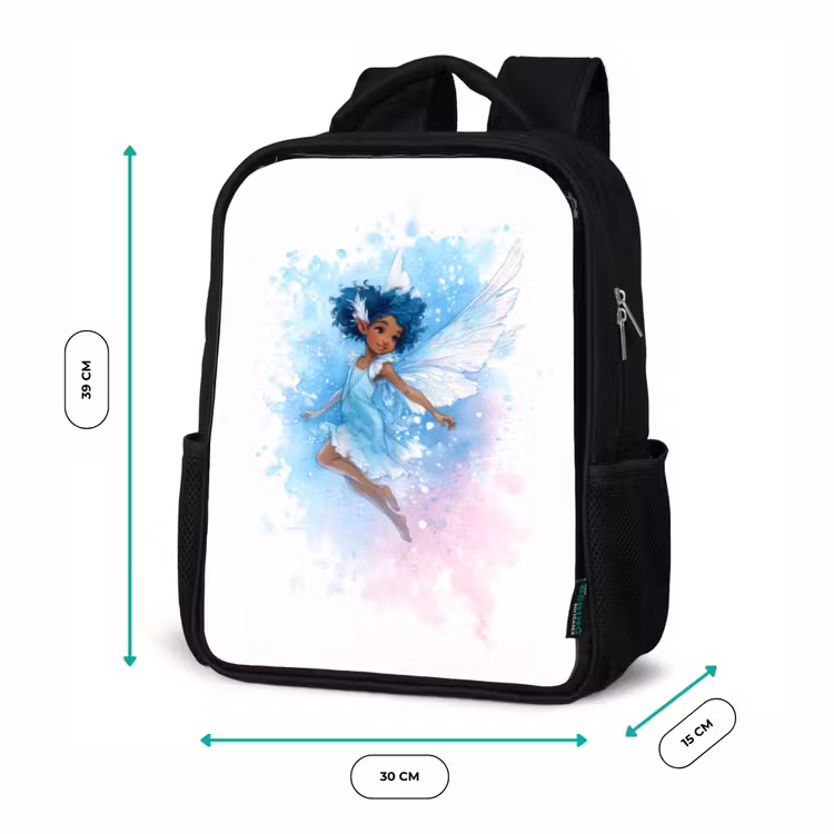 Kinderrucksack - Schwarz - Tanzende Elfe mit blauen Flügeln und Aquarelleffekt — 6