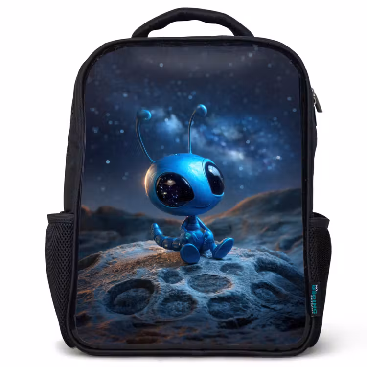 Kinderrucksack - Schwarz - Verträumtes blaues Weltraumwesen unter einem Sternenhimmel — 1