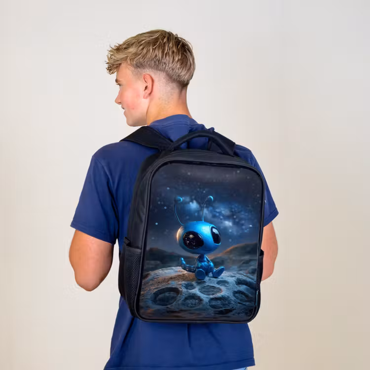 Kinderrucksack - Schwarz - Verträumtes blaues Weltraumwesen unter einem Sternenhimmel — 3