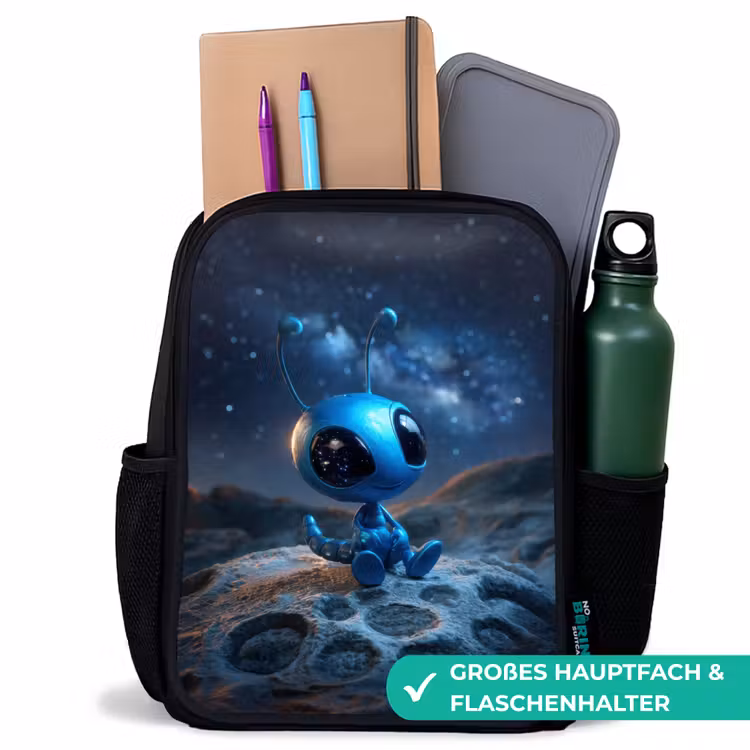 Kinderrucksack - Schwarz - Verträumtes blaues Weltraumwesen unter einem Sternenhimmel — 8
