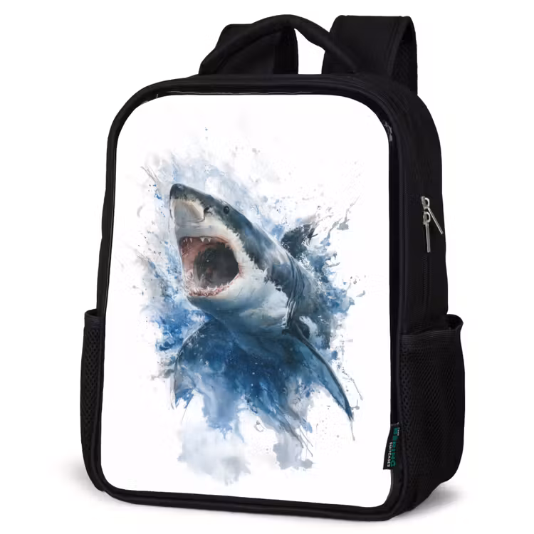 Kinderrucksack - Schwarz - Vorstehender Hai mit offenem Maul im Aquarellstil — 4