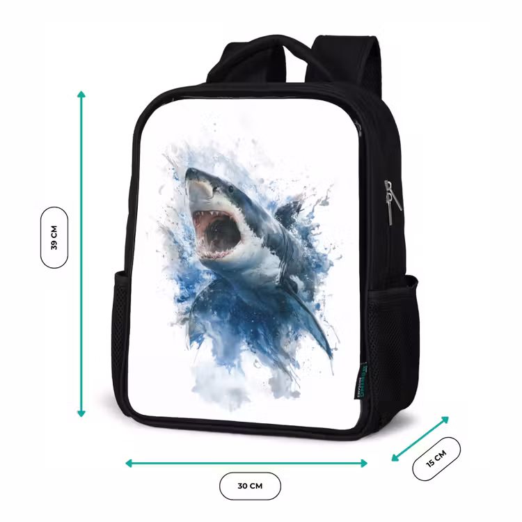 Kinderrucksack - Schwarz - Vorstehender Hai mit offenem Maul im Aquarellstil — 6