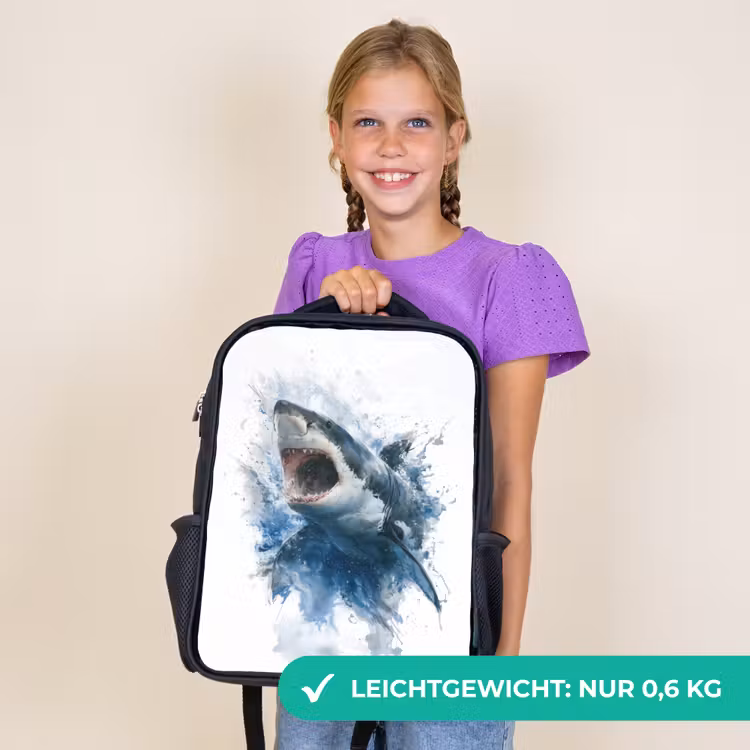 Kinderrucksack - Schwarz - Vorstehender Hai mit offenem Maul im Aquarellstil — 7
