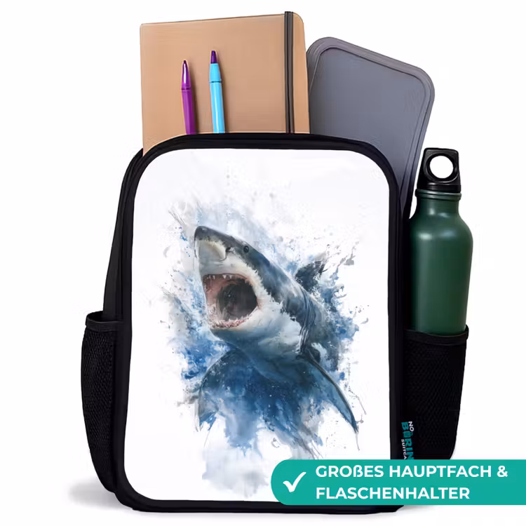 Kinderrucksack - Schwarz - Vorstehender Hai mit offenem Maul im Aquarellstil — 8